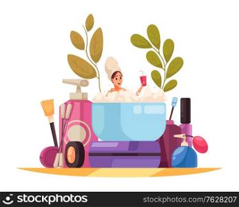 Makeup beautician stylist composition of female cosmetic product packages and woman flat character in foam bath vector illustration