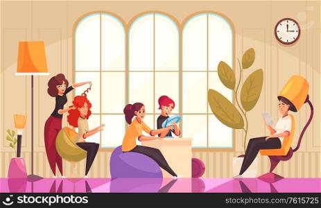 Makeup beautician stylist composition with beauty salon interior indoor scenery and female clients during cosmetic procedures vector illustration