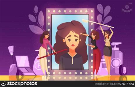 Makeup beautician stylist composition with doodle female characters with brushes and portrait of woman in mirror vector illustration