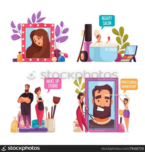 Makeup beautician stylist set with four isolated compositions of flat human characters cosmetic products and text vector illustration