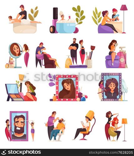 Makeup beautician visagiste stylist set of isolated doodle style icons with cosmetic products and human characters vector illustration