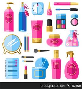Makeup beauty accessories flat icons set. Makeup accessories for hair and face care flat icons set with hair spray abstract isolated vector illustration
