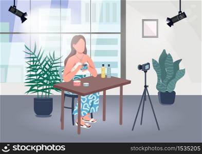 Makeup blogger flat color vector illustration. Lifestyle guru shoot video in studio. Professional lighting to film and stream. Beauty vlogger 2D cartoon character with interior on background. Makeup blogger flat color vector illustration