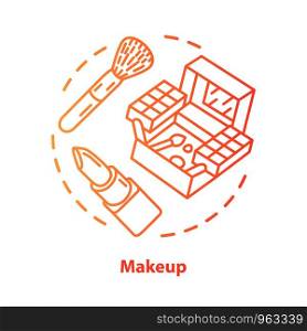 Makeup blue concept icon. Make up artist kit, equipment idea thin line illustration. Eye shadows, lipstick red gradient vector isolated outline drawing. Cosmetics, beauty products. Editable stroke