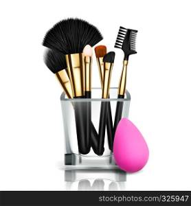 Makeup Brush Holder Vector. Glass Cup. Female Application. Equipment Collection. Beautiful Complexion. Accessory. Realistic Illustration. Makeup Brush Holder Vector. Glass Cup. Female Application. Equipment Collection. Beautiful Complexion. Accessory. Realistic Isolated Illustration