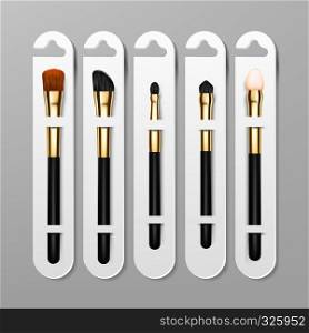 Makeup Brush Packaging Design Vector. Female Application. Equipment Collection. Beautiful Complexion. Professional Woman Facial Equipment. Realistic Illustration. Makeup Brush Packaging Design Vector. Female Application. Equipment Collection. Beautiful Complexion. Professional Woman Facial Equipment. Realistic Isolated Illustration