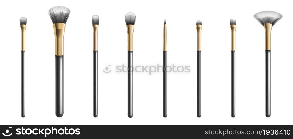 Makeup brushes different shapes, professional cosmetic tools. Vector realistic set of 3d make up brushes for blush, eyeshadow, foundation and concealer. Black beauty tassels for visage. Makeup brushes, professional cosmetic tools