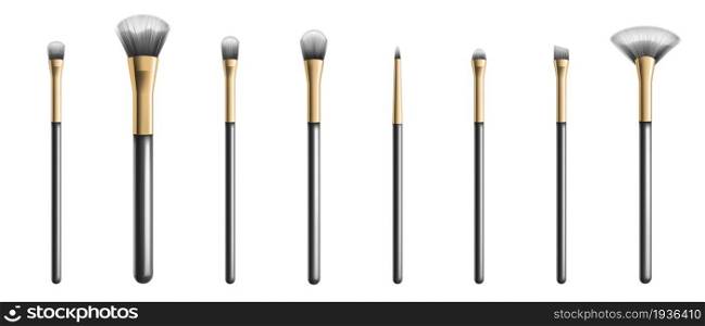 Makeup brushes different shapes, professional cosmetic tools. Vector realistic set of 3d make up brushes for blush, eyeshadow, foundation and concealer. Black beauty tassels for visage. Makeup brushes, professional cosmetic tools