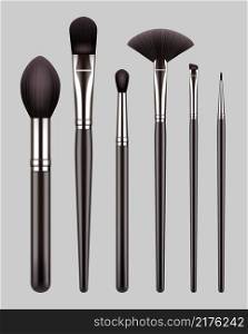 Makeup brushes. Professional tools for beauty woman makeup powder eyeshadows vector realistic collection set of brushes. Makeup beauty brush, length different to professional makeup illustration. Makeup brushes. Professional tools for beauty woman makeup powder eyeshadows decent vector realistic collection set of brushes