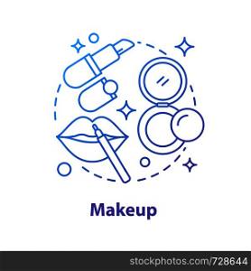 Makeup concept icon. Beauty salon. Cosmetics idea thin line illustration. Lipstick, lip liner and face powder. Vector isolated outline drawing. Makeup concept icon