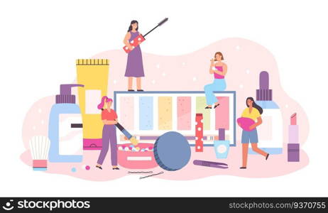 Makeup cosmetic and women. Tiny female characters with mascara, brush, cream and lipstick. Beauty and skincare products flat vector concept. Illustration beauty woman and makeup glamour. Makeup cosmetic and women. Tiny female characters with mascara, brush, cream and lipstick. Beauty and skincare products flat vector concept