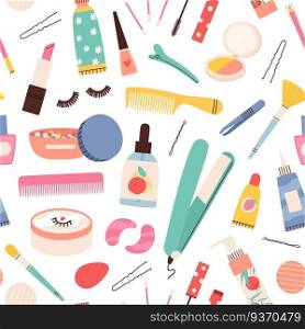 Makeup cosmetic seamless pattern. Beauty skin and hair care products. Eyelashes, lipstick, mascara and cream bottles vector. Illustration seamless pattern bottle cream, foundation for care skin. Makeup cosmetic seamless pattern. Beauty skin and hair care products and tools. Eyelashes, lipstick, mascara and cream bottles vector print