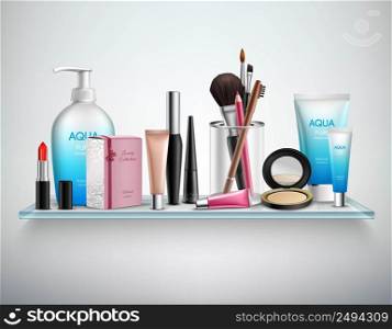 Makeup cosmetics accessories and beauty moisturizing products on bathroom wall glass shelf realistic image poster vector illustration . Makeup Cosmetics Accessories Shelf Realistic Image