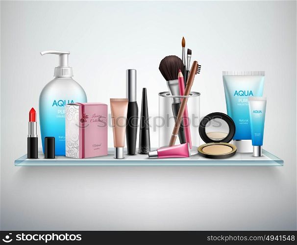 Makeup Cosmetics Accessories Shelf Realistic Image . Makeup cosmetics accessories and beauty moisturizing products on bathroom wall glass shelf realistic image poster vector illustration