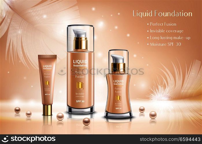 Makeup cosmetics advertising composition with liquid foundation containers and tubes decorated by pearls and feathers realistic vector illustration . Makeup Cosmetics Advertising Composition