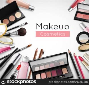 Makeup cosmetics beauty bag accessories realistic composition poster with lipstick lip gloss and eye shadows vector illustration . Makeup Cosmetics Accessories Realistic Composition Poster