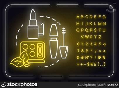 Makeup, cosmetics neon light concept icon. Lipstick, mascara and eye shadow, beauty products idea. Outer glowing sign with alphabet, numbers and symbols. Vector isolated RGB color illustration