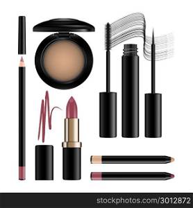 Makeup cosmetics set isolated on white. Eye shadow, eyeliner, gold lipstick, powder compact, mascara, pencil. Realistic template of containers. Color smear samples stroke. Vector.