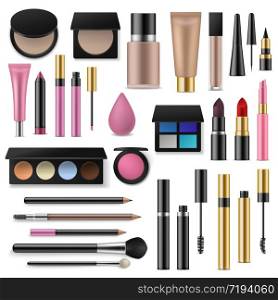 Makeup cosmetics tools. Professional accessory for decorative cosmetics. Different realistic brushes makeup artist, fashion lipsticks vector set. Makeup cosmetics tools. Professional accessory for decorative cosmetics. Different realistic brushes makeup artist, lipsticks vector set
