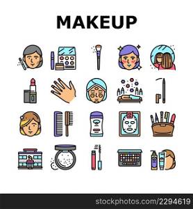 Makeup Cosmetology Procedure Icons Set Vector. Lipstick And Brush, Mascara And Powder Fashion Makeup Accessory, Eyebrow And Facial Cosmetic Line. Spa Salon Treatment Color Illustrations. Makeup Cosmetology Procedure Icons Set Vector