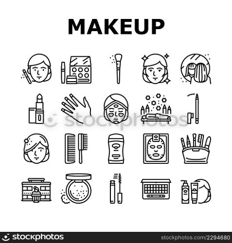 Makeup Cosmetology Procedure Icons Set Vector. Lipstick And Brush, Mascara And Powder Fashion Makeup Accessory, Eyebrow And Facial Cosmetic Line. Spa Salon Treatment Black Contour Illustrations. Makeup Cosmetology Procedure Icons Set Vector