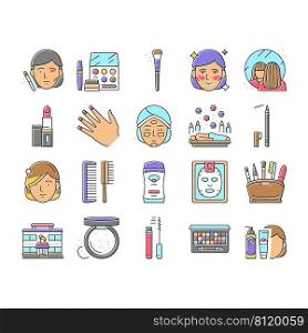 Makeup Cosmetology Procedure Icons Set Vector. Lipstick And Brush, Mascara And Powder Fashion Makeup Accessory, Eyebrow And Facial Cosmetic Line. Spa Salon Treatment Color Illustrations. Makeup Cosmetology Procedure Icons Set Vector