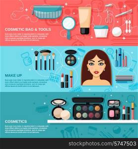 Makeup horizontal banner set with cosmetic bag and tools elements isolated vector illustration