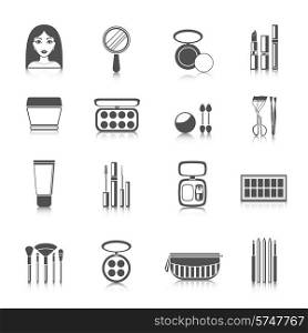 Makeup icons black set with woman face mirror powder mascara isolated vector illustration