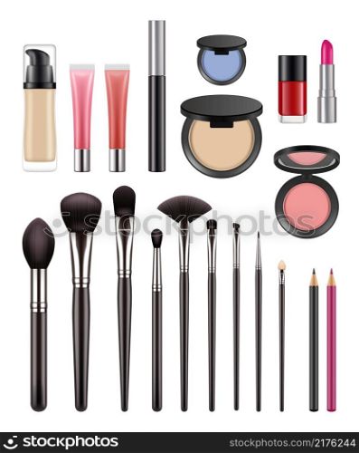 Makeup items. Brushes for beauty womans eyeshadows lipstick powder for luxury girls decent vector makeup realistic collection. Illustration beauty makeup, eyeshadow and lipstick, cream and powder. Makeup items. Brushes for beauty womans eyeshadows lipstick powder for luxury girls decent vector makeup realistic collection