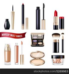 Makeup Items Realistic Set. Makeup realistic items set with powder eyeliner and lip gloss isolated vector illustration