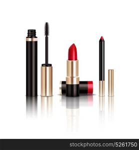 Makeup Items Set. Makeup realistic items set with mascara and lipstick isolated vector illustration