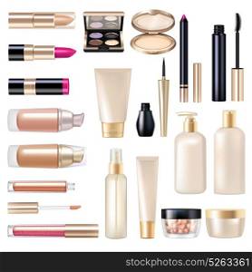 Makeup Items Super Set. Makeup realistic items super set with mascara and powder isolated vector illustration