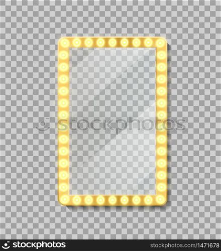Makeup mirror frame or neon billboard with reflection. Empty signage frame with bulbs for interior room, comic frame. Gold frame with lamp in retro style. Glowing golden signboard. Isolated vector.. Makeup mirror frame or neon billboard with reflection. Empty signage frame with bulbs for interior room, comic frame. Gold frame with lamp in retro style. Glowing golden signboard. Isolated vector