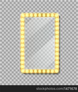 Makeup mirror frame or neon billboard with reflection. Empty signage frame with bulbs for interior room, comic frame. Gold frame with lamp in retro style. Glowing golden signboard. Isolated vector.. Makeup mirror frame or neon billboard with reflection. Empty signage frame with bulbs for interior room, comic frame. Gold frame with lamp in retro style. Glowing golden signboard. Isolated vector