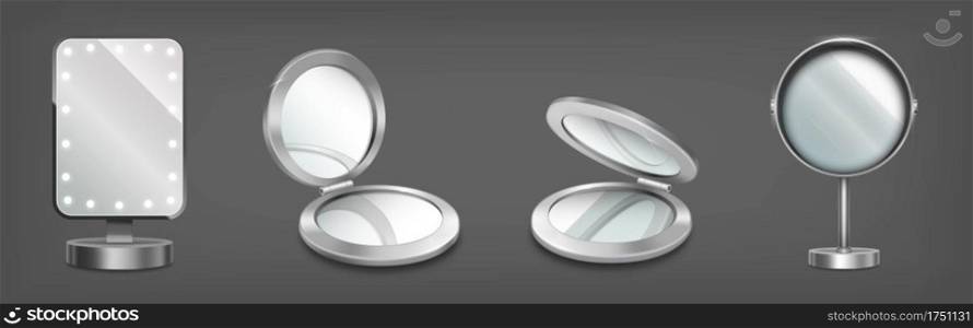Makeup mirrors on stand and in compact circle boxes. Vector realistic mockup of 3d vanity table and pocket cosmetic mirror in silver metal frame isolated on gray background. Makeup table mirrors, pocket cosmetic mirror