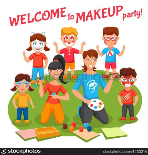 Makeup Party Illustration . Welcome to makeup party concept with children and adults flat vector illustration