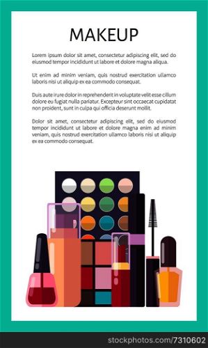 Makeup placard and text sample, frame of blue color and headline, palette and mascara, lipstick and lotions vector illustration isolated on white. Makeup Placard and Text Vector Illustration Poster