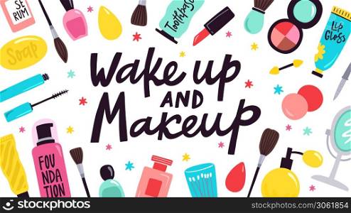 Makeup poster. Skincare cosmetic products, hand drawn doodle visage tools, face and body skincare concept vector background illustration. Bottles with serum, lip gloss, brush, mascara. Makeup poster. Skincare cosmetic products, hand drawn doodle visage tools, face and body skincare concept vector background illustration