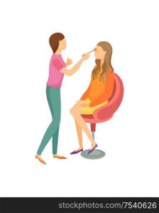 Makeup procedure in beauty salon cartoon vector banner isolated sample. Specialist in uniform working with face of client girl using special equipment. Makeup Procedure in Beauty Salon Cartoon Banner