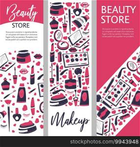 Makeup products and cosmetics for ladies, shop or store with powders and palettes, mascara and nail polishes. Creams and lotions advertisement. Boutique for fashionable women. Vector in flat style. Beauty store and makeup products for women vector