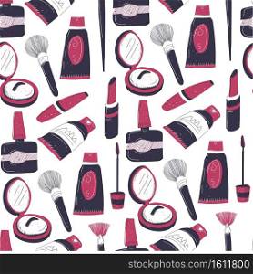 Makeup products for females, seamless pattern. Brushes and powders, mascara and lipstick, lotion and foundation. Nail polish and lip gloss, cream for skincare, applicators. Vector in flat style. Cosmetic products, makeup brushes and powders seamless pattern