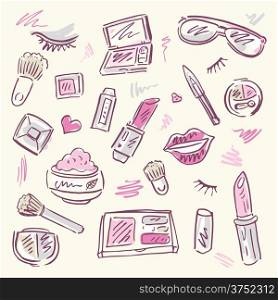 Makeup products set. Cosmetics. Hand drawn Vector Illustration.