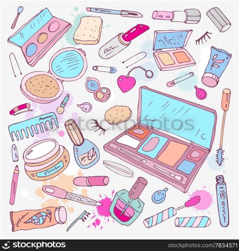 Makeup products set. Hand drawn Vector Illustration.