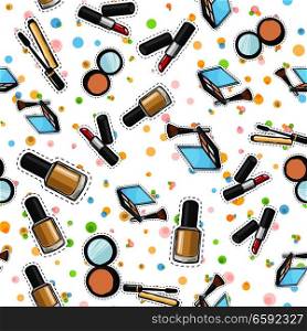 Makeup products set seamless pattern. Cosmetics. Nail polish. Face powder in round back case with mirror. Eyeshadows palette. Face Brush. Red lipstick. Pockmarked background. Cartoon style. Vector. Seamless Pattern. Nail Polish. Powder. Lipstick.