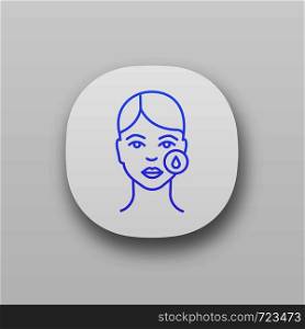Makeup removal app icon. Skin moisturizing. Skincare. Neurotoxin injection preparation. Cosmetic procedure. Facial rejuvenation. Using hyaluronic acid. UI/UX interface. Vector isolated illustration. Makeup removal app icon