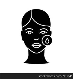 Makeup removal glyph icon. Skin moisturizing. Skincare. Neurotoxin injection preparation. Cosmetic procedure. Facial rejuvenation. Using hyaluronic acid. Silhouette symbol. Vector isolated illustration. Makeup removal glyph icon