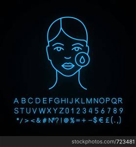 Makeup removal neon light icon. Skin moisturizing. Skincare. Neurotoxin injection preparation. Cosmetic procedure. Using hyaluronic acid. Glowing alphabet, numbers. Vector isolated illustration. Makeup removal neon light icon
