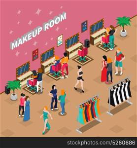 Makeup Room Fashion Industry Isometric Illustration. Makeup room fashion industry with models and stylists clothing on racks and interior elements isometric vector illustration