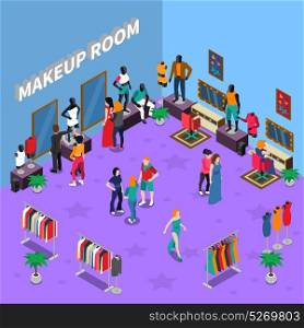 Makeup Room With Mannequins Isometric Illustration. Makeup room with models and assistants mannequins racks with clothing and interior elements isometric vector illustration