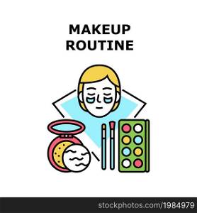 Makeup Routine Vector Icon Concept. Beautiful Female Applying Facial Moisturizing Cream And Powder, Daily Makeup Routine. Skin Care Cosmetology Set And Brush Accessories Color Illustration. Makeup Routine Vector Concept Color Illustration
